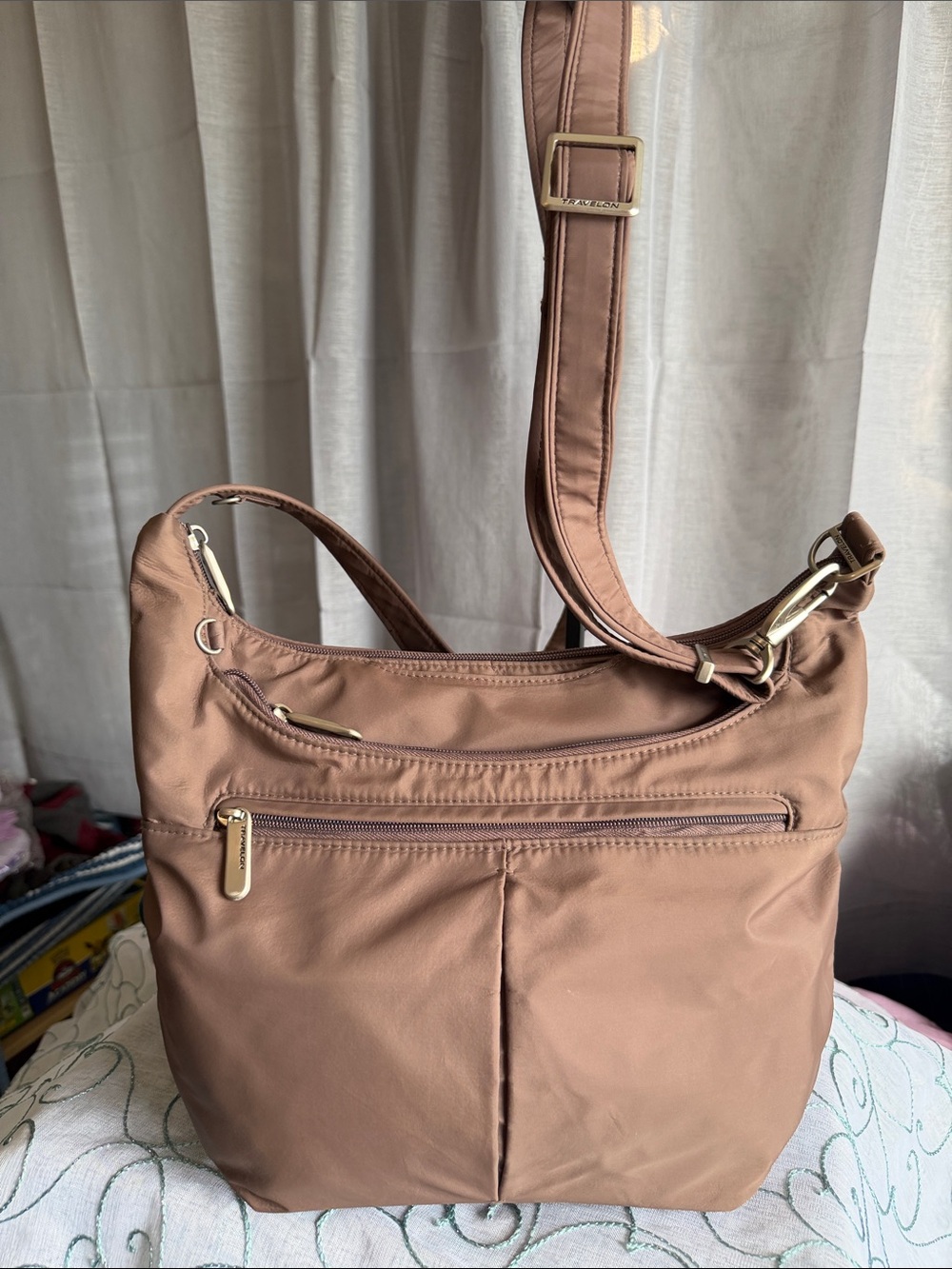 Travelon Mauve Brown Adjustable Crossbody Shoulder Bag